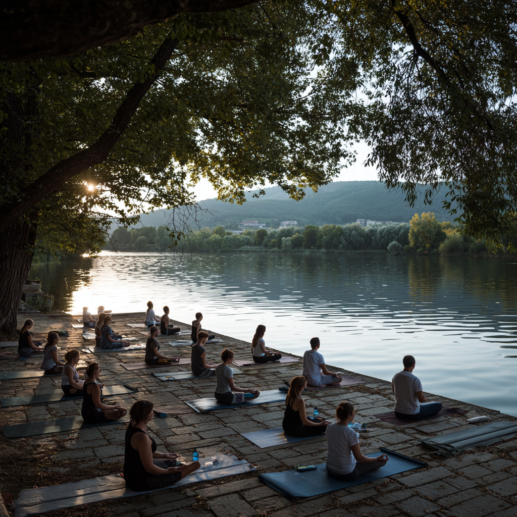 Középkorú magyar nő békésen jógázik napfényes szobában, mosolyog
