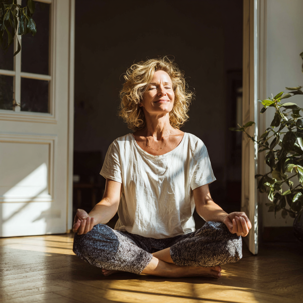 Idősebb magyar férfi jóga pozícióban, koncentráltan és boldogan gyakorol