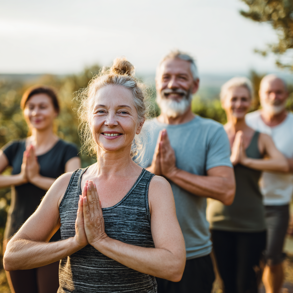 Fiatal magyar pár együtt jógázik napfényes teraszon, mosolyogva és harmonikusan